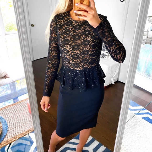 🖤 4F FOUR FLAVOR BLACK LACE SEQUIN PEPLUM BODYCON EVENING DRESS! - Picture 6 of 16